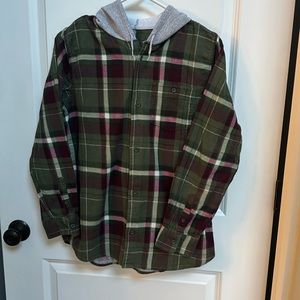 Urban outfitters flannel, green, pink and white with grey hood,size small